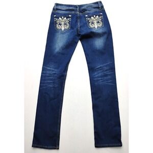Liuce's Straight Denim Jeans Size 7 Embroidered Rhinestone Dark Wash Faded
